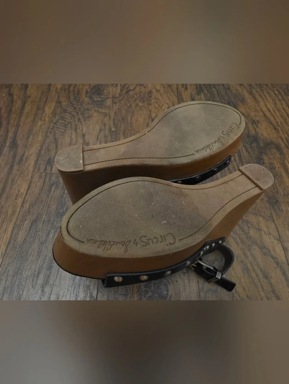Circus by Sam Edelman Black Leather Studded Wood-Look Wedge Sandals